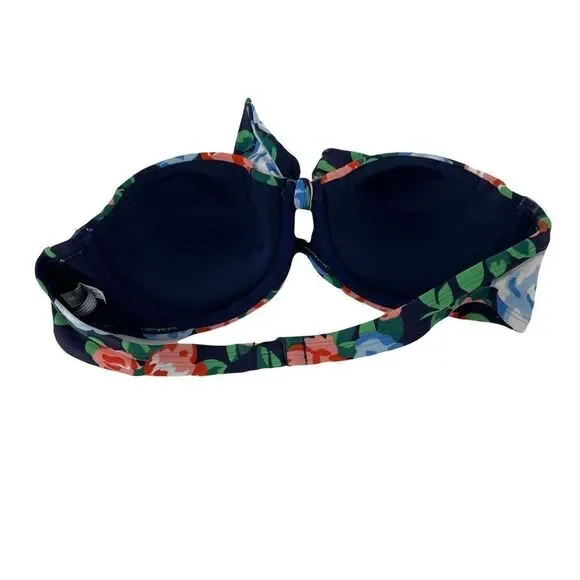 Aerie Bikini Top Holly Blue Floral Strapless Underwire Size 34B Bow Swimwear - Picture 2 of 8
